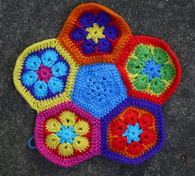 Crochet hexagons and crochet pentagon for a crochet soccer ball